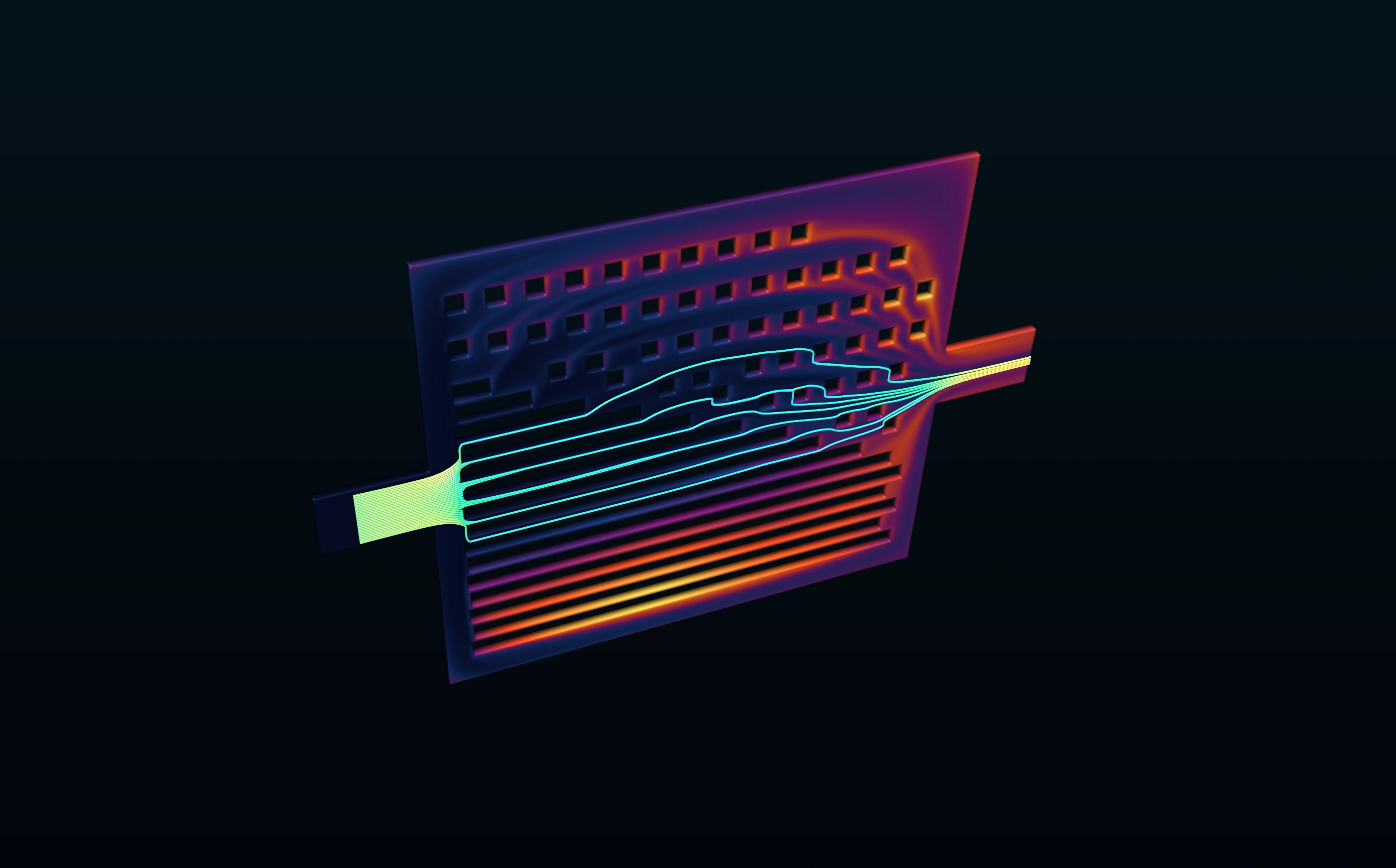 Three-dimensional CADBO conjugate-heat-transfer channel with temperature-coloured obstacle geometry and velocity streamlines.