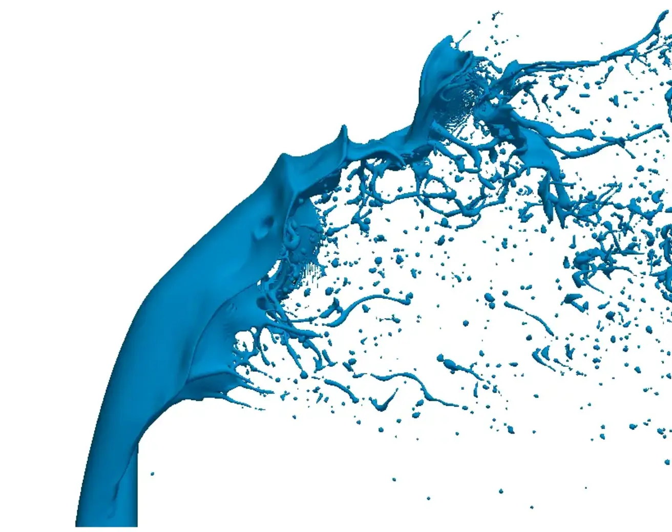 Three-dimensional computed liquid jet breaking into sheets, ligaments, and droplets.