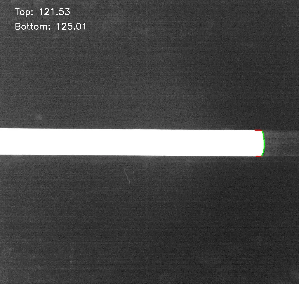 High-speed microchannel image with the detected interface and top and bottom contact angles overlaid.