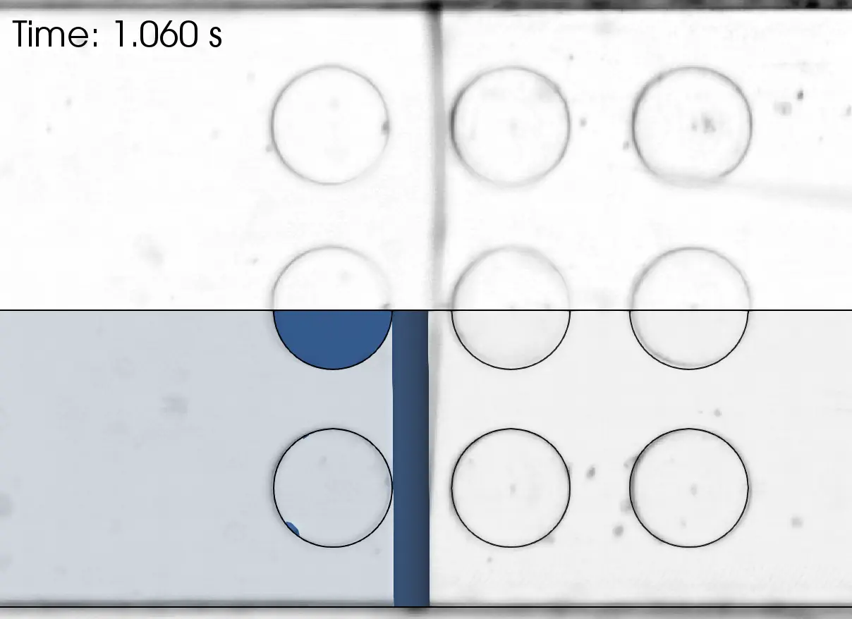 Experimental and simulated liquid interfaces advancing through a three-by-three microcavity array.
